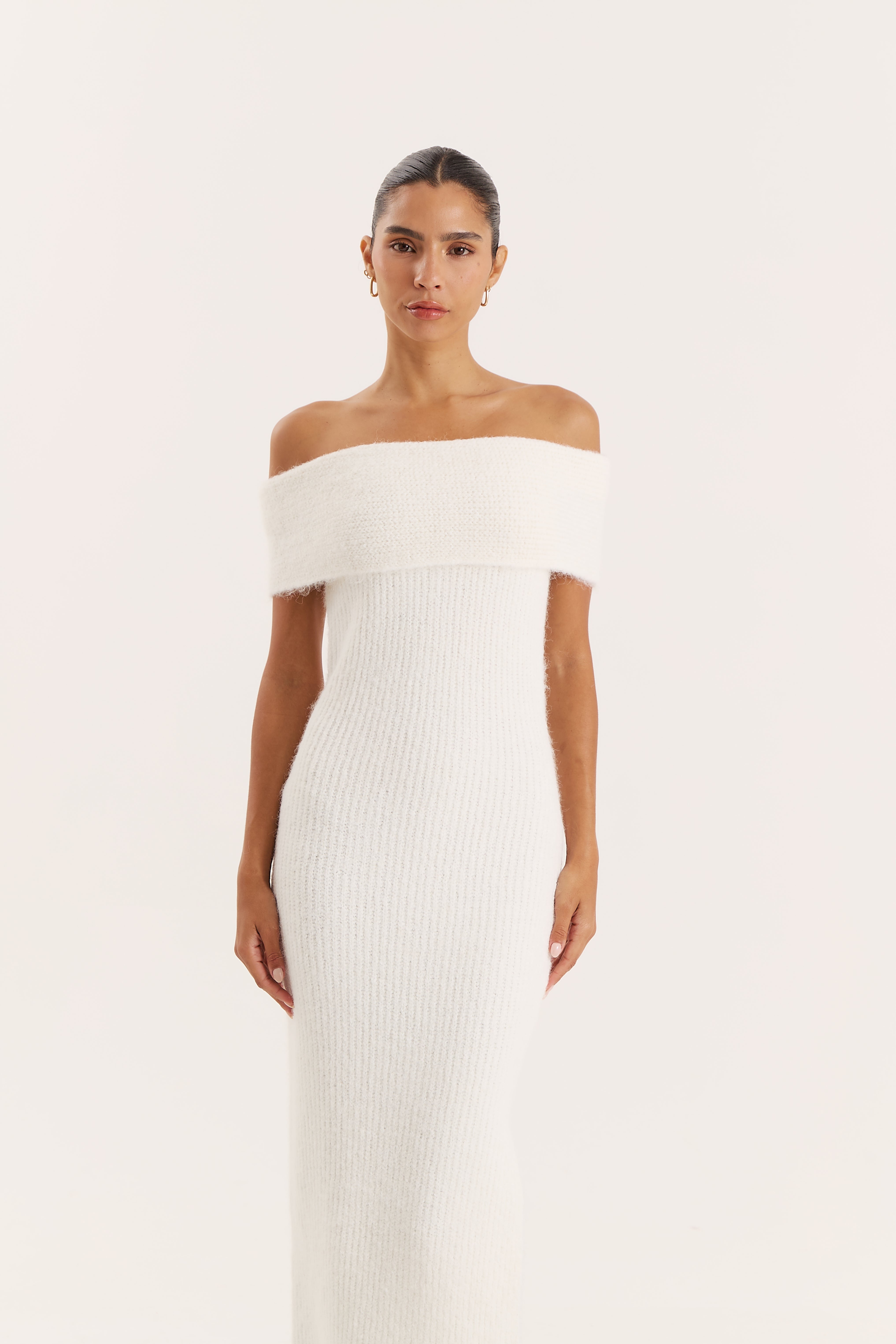 Cream Bardot Knitted Maxi Dress